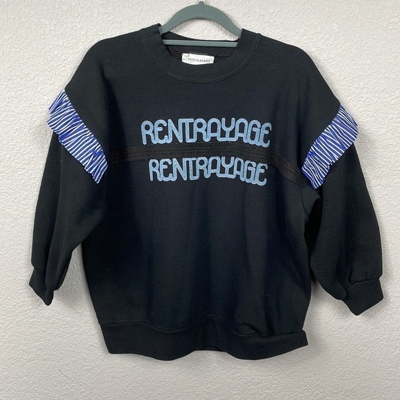 New Rentrayage Logo Graphic Ruffle Sweatshirt In Blue and Black 3/4 Sleeve Sz M - Picture 5 of 14